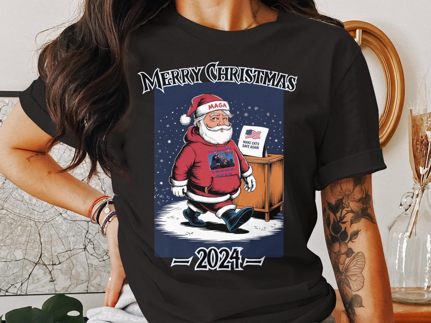 Merry Christmas Sweatshirt, Funny Santa Graphic, Trump 2024 Holiday Gift, Make Cats Safe Again Shirt