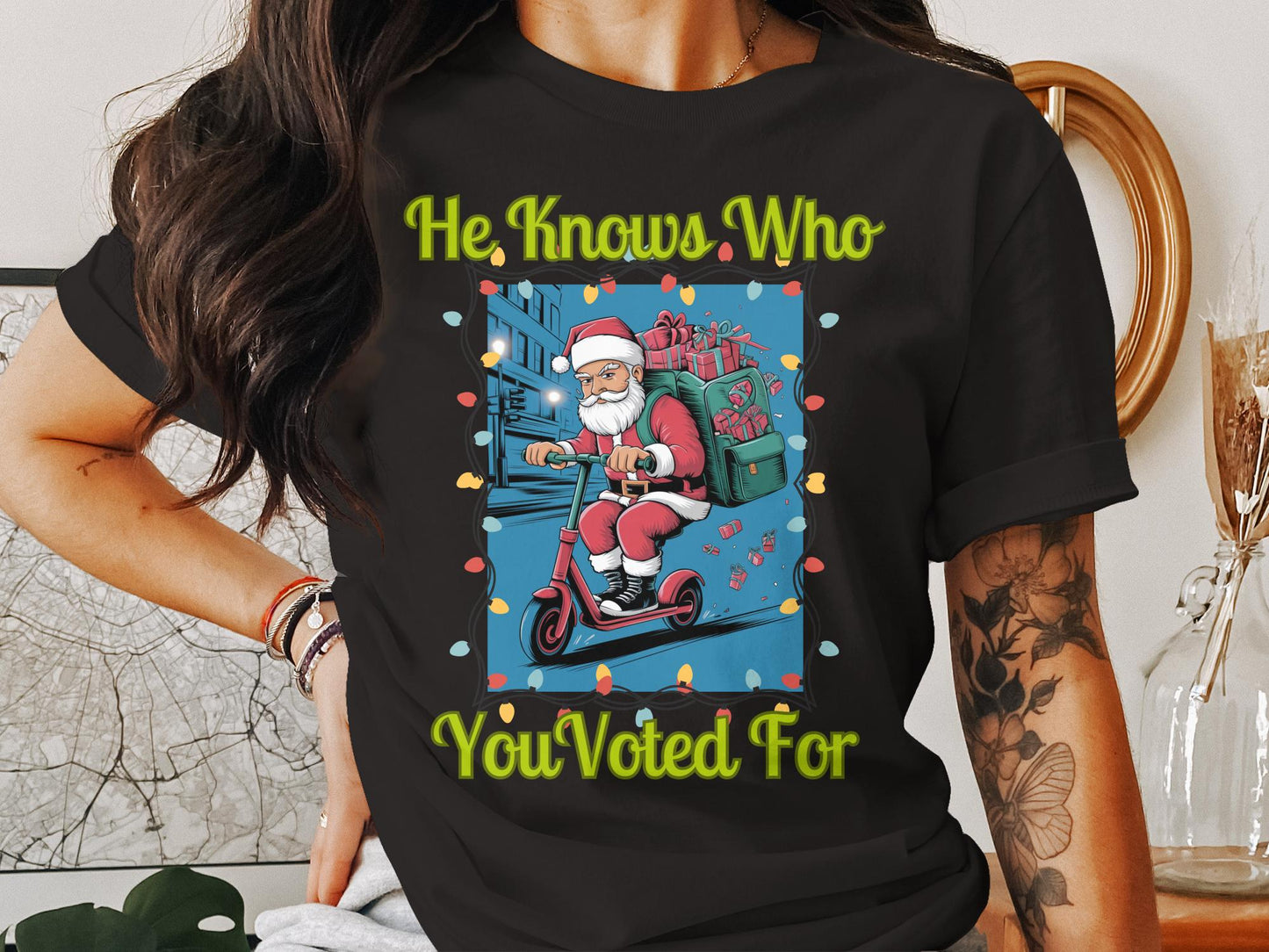 Funny Santa Claus Christmas Sweatshirt He Knows Who You Voted For Funny Holiday Sweatshirt Scooter Ride Festive Winter Pullover
