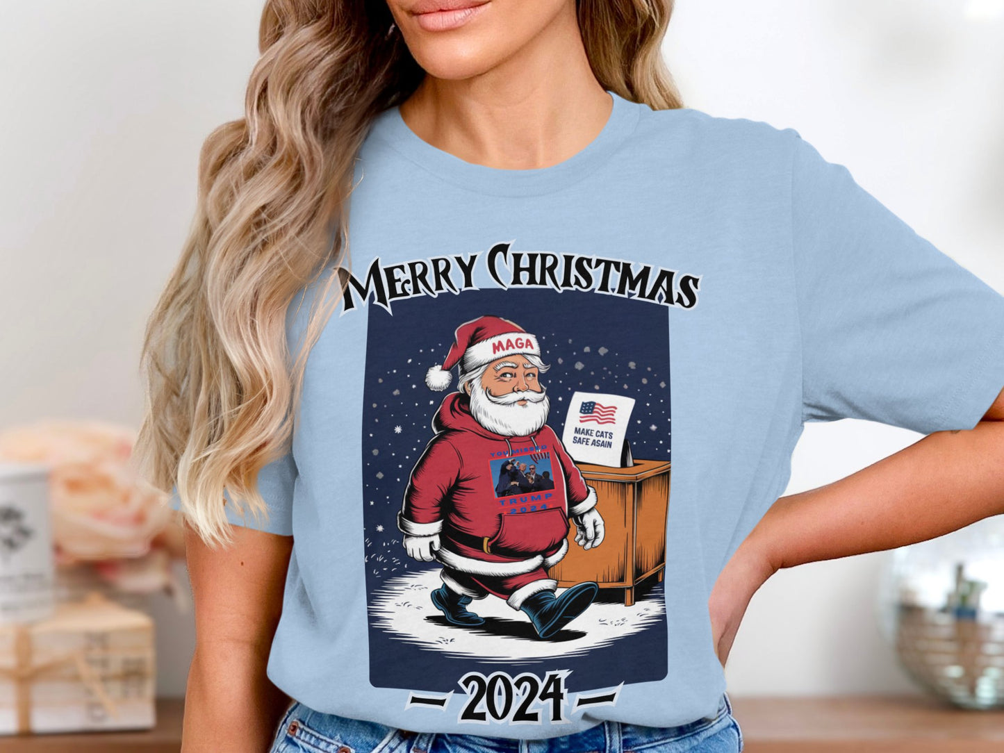 Merry Christmas Sweatshirt, Funny Santa Graphic, Trump 2024 Holiday Gift, Make Cats Safe Again Shirt