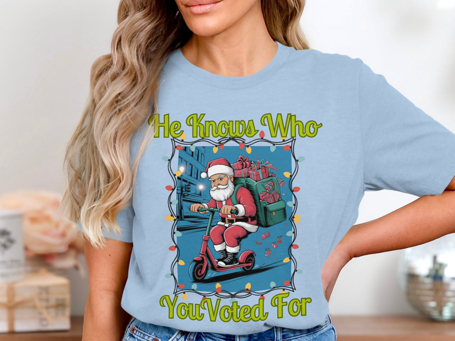 Funny Santa Claus Christmas Sweatshirt He Knows Who You Voted For Funny Holiday Sweatshirt Scooter Ride Festive Winter Pullover