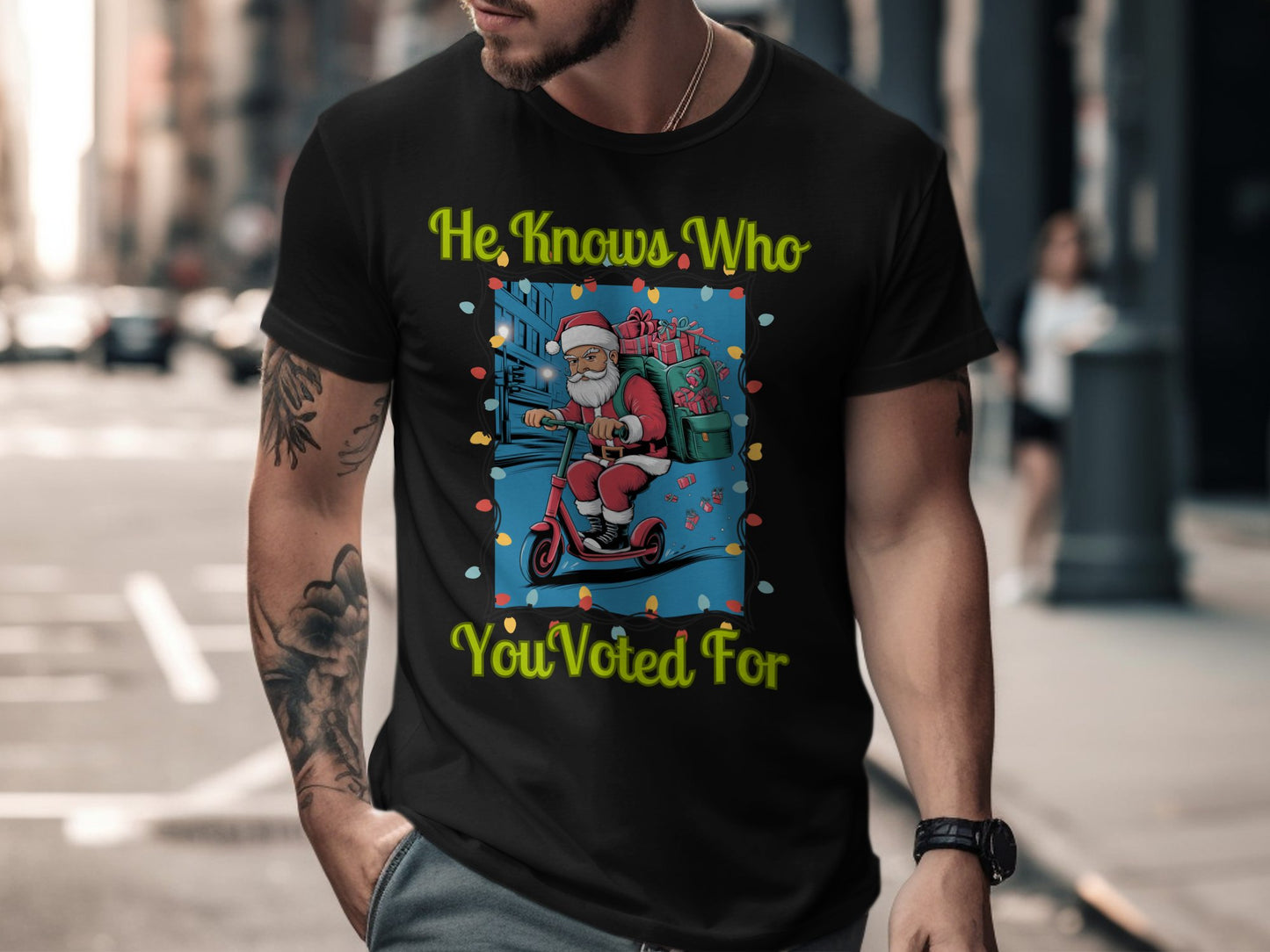 Funny Santa Claus Christmas Sweatshirt He Knows Who You Voted For Funny Holiday Sweatshirt Scooter Ride Festive Winter Pullover
