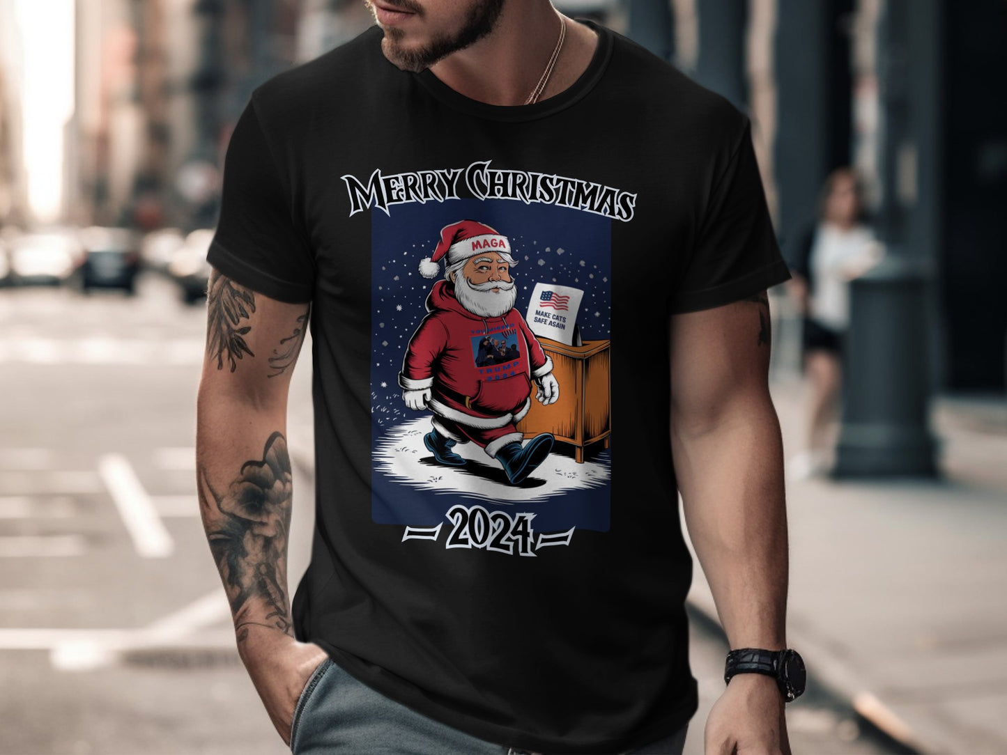 Merry Christmas Sweatshirt, Funny Santa Graphic, Trump 2024 Holiday Gift, Make Cats Safe Again Shirt