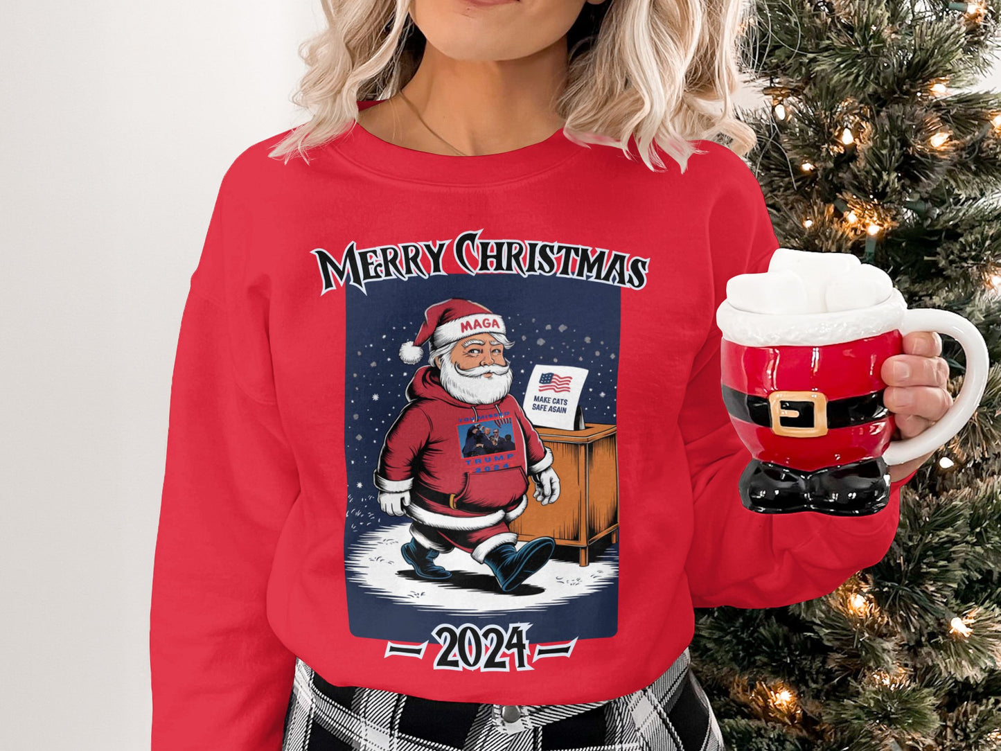 Merry Christmas Sweatshirt, Funny Santa Graphic, Trump 2024 Holiday Gift, Make Cats Safe Again Shirt
