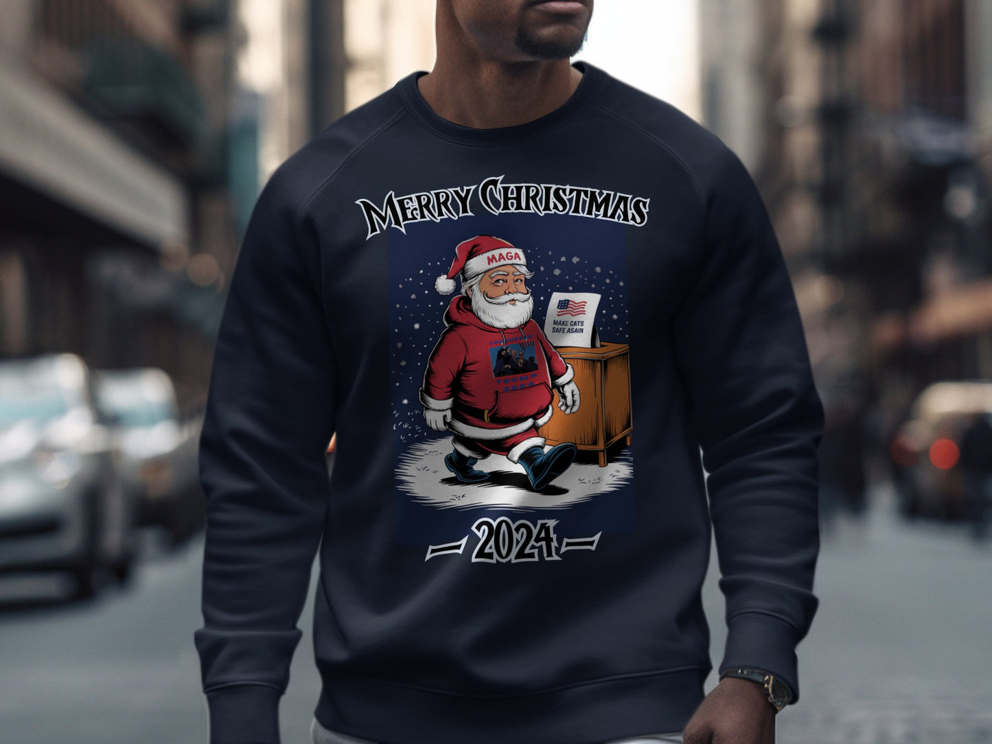 Merry Christmas Sweatshirt, Funny Santa Graphic, Trump 2024 Holiday Gift, Make Cats Safe Again Shirt