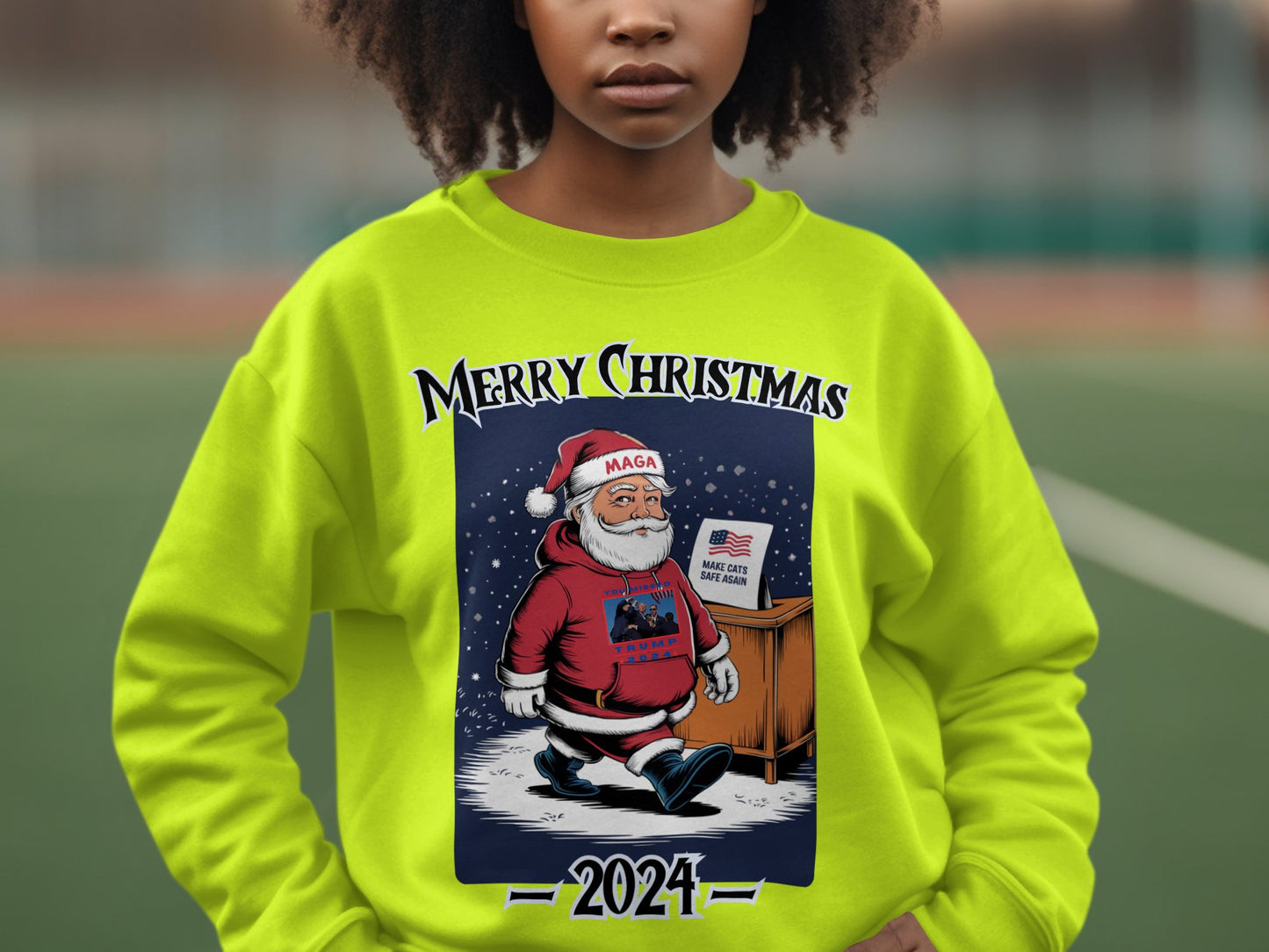 Merry Christmas Sweatshirt, Funny Santa Graphic, Trump 2024 Holiday Gift, Make Cats Safe Again Shirt