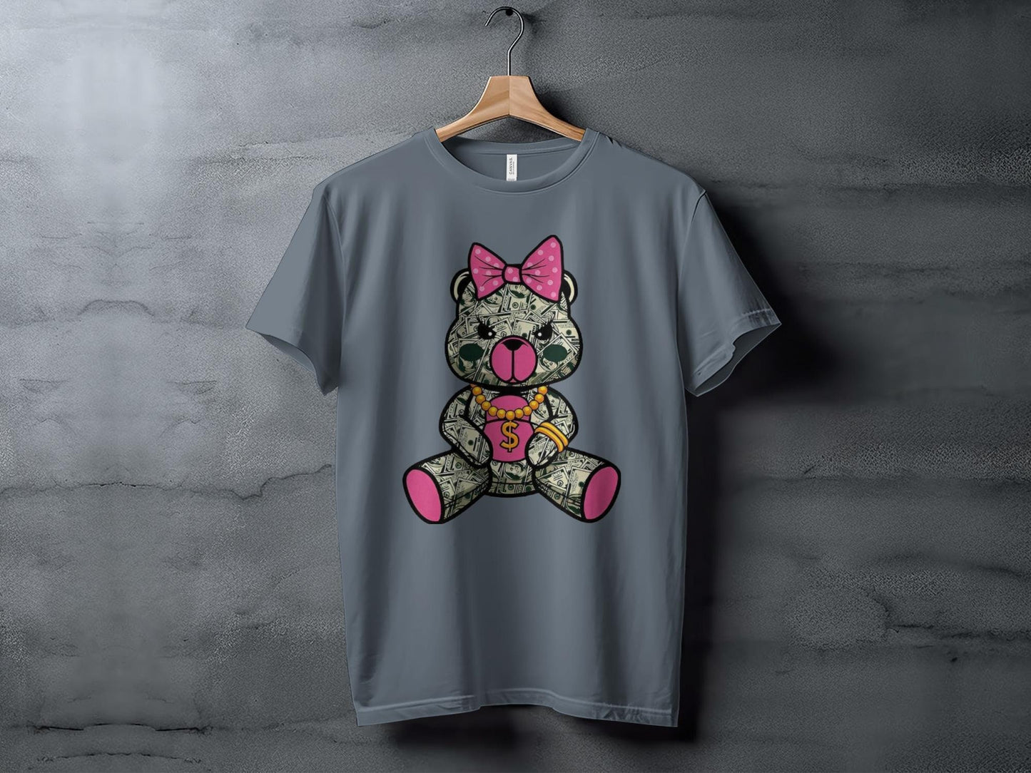 Cute Money Bear Graphic, Pink Bow Dollar Bear Design, Unique Graphic T-Shirt, Cute Bear Print Tees, Trendy Graphic Tee Gifts