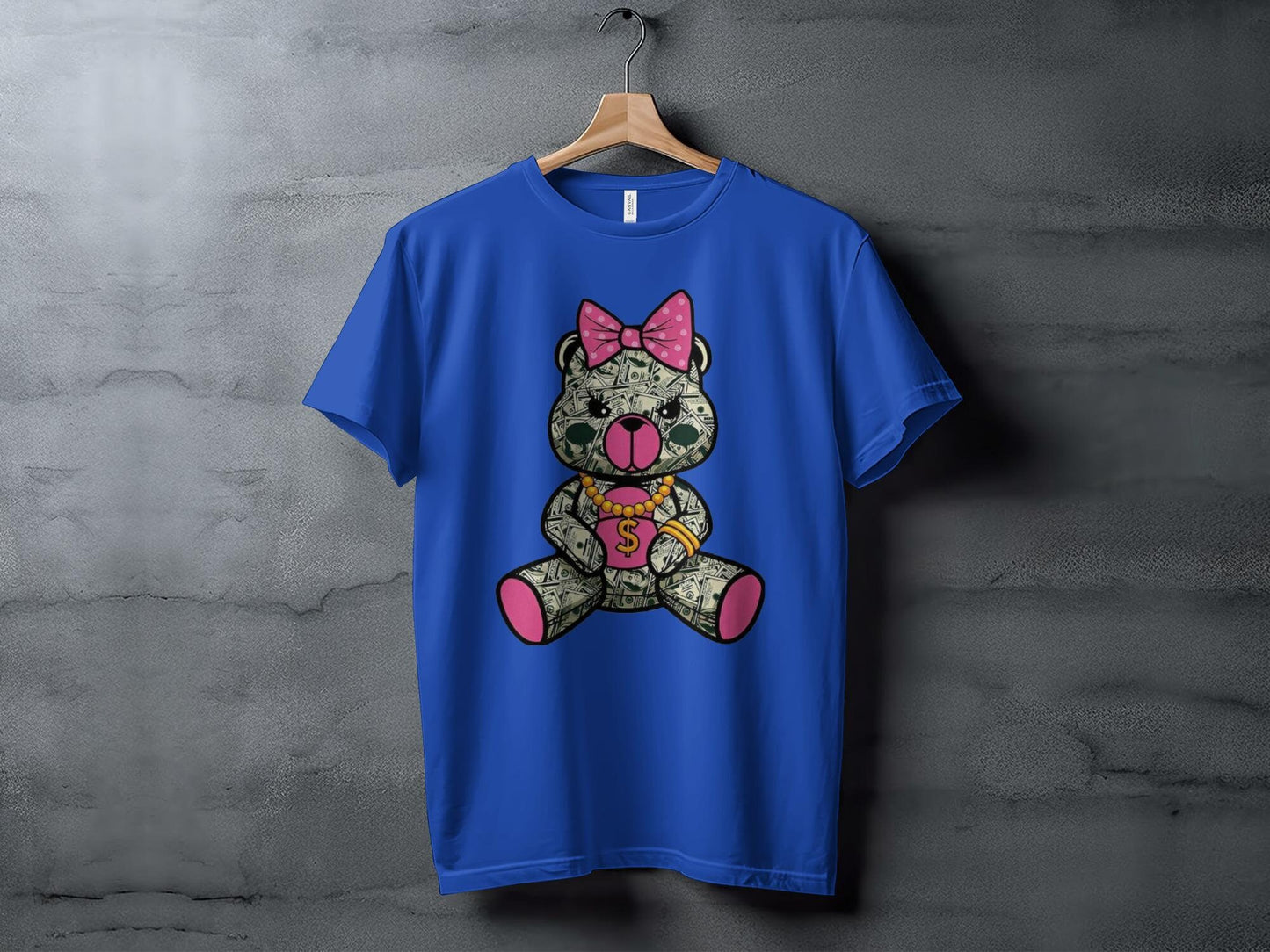 Cute Money Bear Graphic, Pink Bow Dollar Bear Design, Unique Graphic T-Shirt, Cute Bear Print Tees, Trendy Graphic Tee Gifts