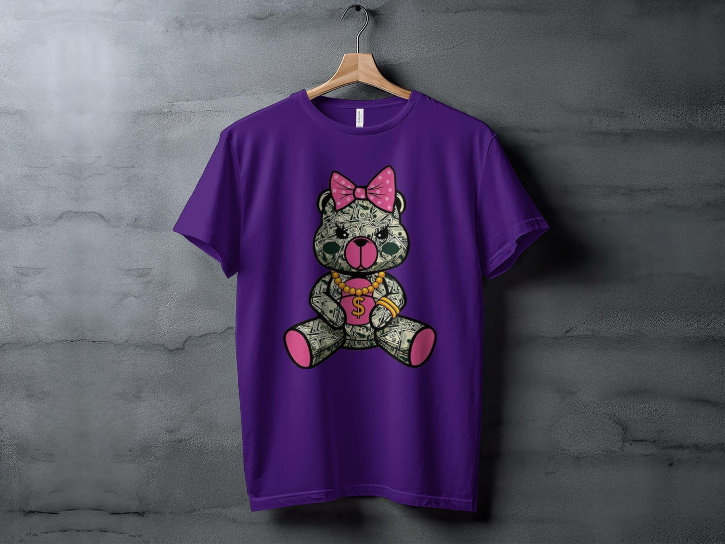 Cute Money Bear Graphic, Pink Bow Dollar Bear Design, Unique Graphic T-Shirt, Cute Bear Print Tees, Trendy Graphic Tee Gifts
