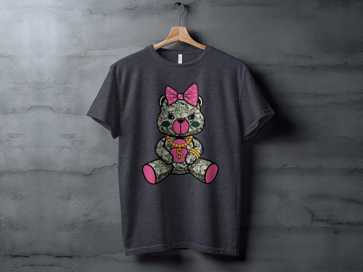 Cute Money Bear Graphic, Pink Bow Dollar Bear Design, Unique Graphic T-Shirt, Cute Bear Print Tees, Trendy Graphic Tee Gifts