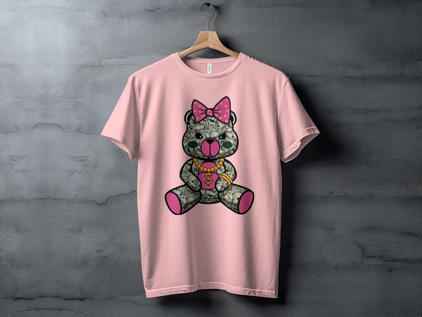 Cute Money Bear Graphic, Pink Bow Dollar Bear Design, Unique Graphic T-Shirt, Cute Bear Print Tees, Trendy Graphic Tee Gifts