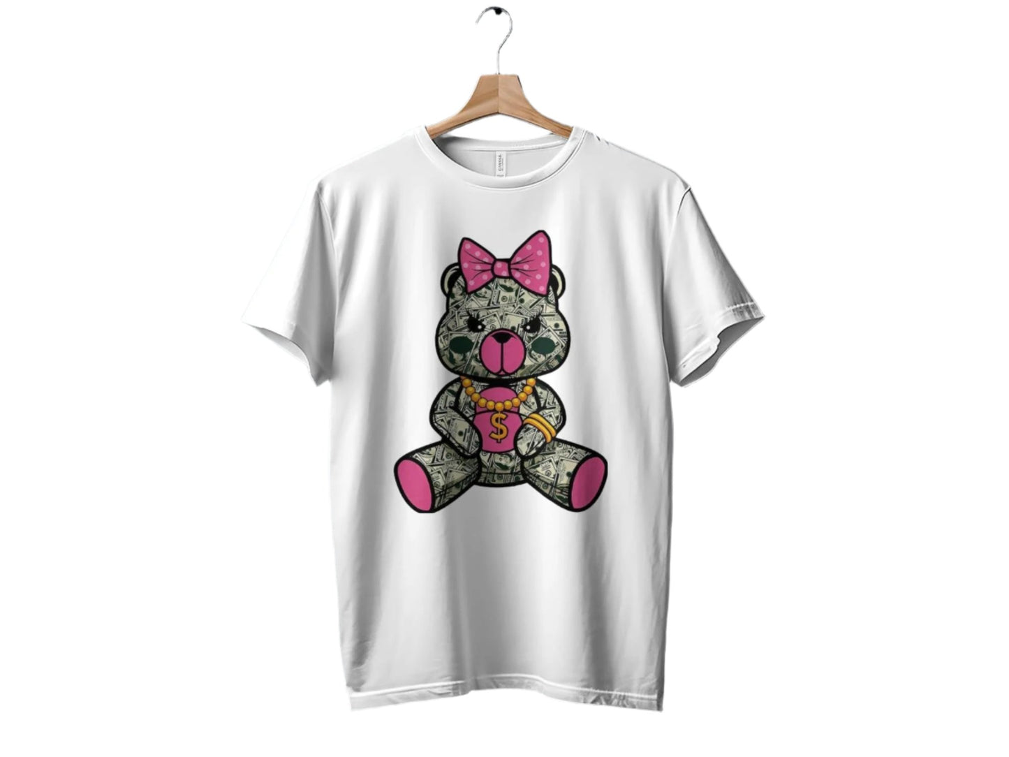 Cute Money Bear Graphic, Pink Bow Dollar Bear Design, Unique Graphic T-Shirt, Cute Bear Print Tees, Trendy Graphic Tee Gifts