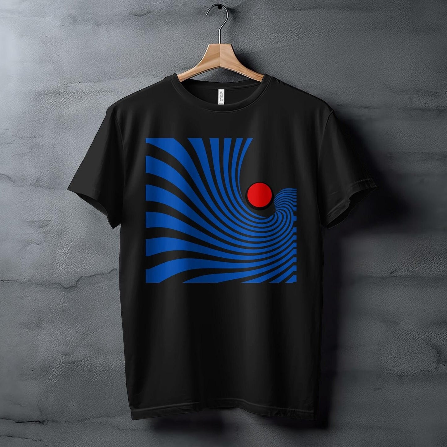 Retro Wave T-Shirt, Abstract Blue Lines with Red Circle Design Tee, Unique Geometric Graphic Top, Modern Art Inspired Shirt