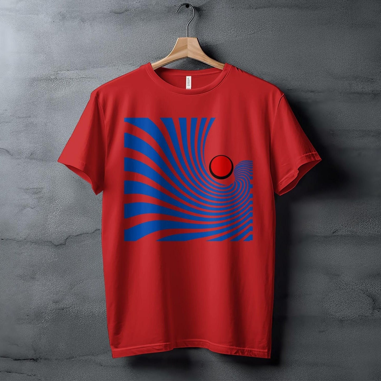 Retro Wave T-Shirt, Abstract Blue Lines with Red Circle Design Tee, Unique Geometric Graphic Top, Modern Art Inspired Shirt