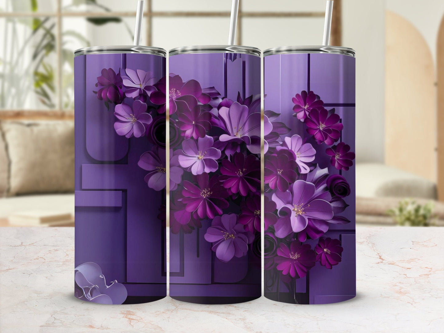 Purple Floral Design Tumbler, Elegant Flower Print Tumbler, Floral Tumbler for Drinks, Unique Insulated Gift Tumbler, Artistic Tumbler