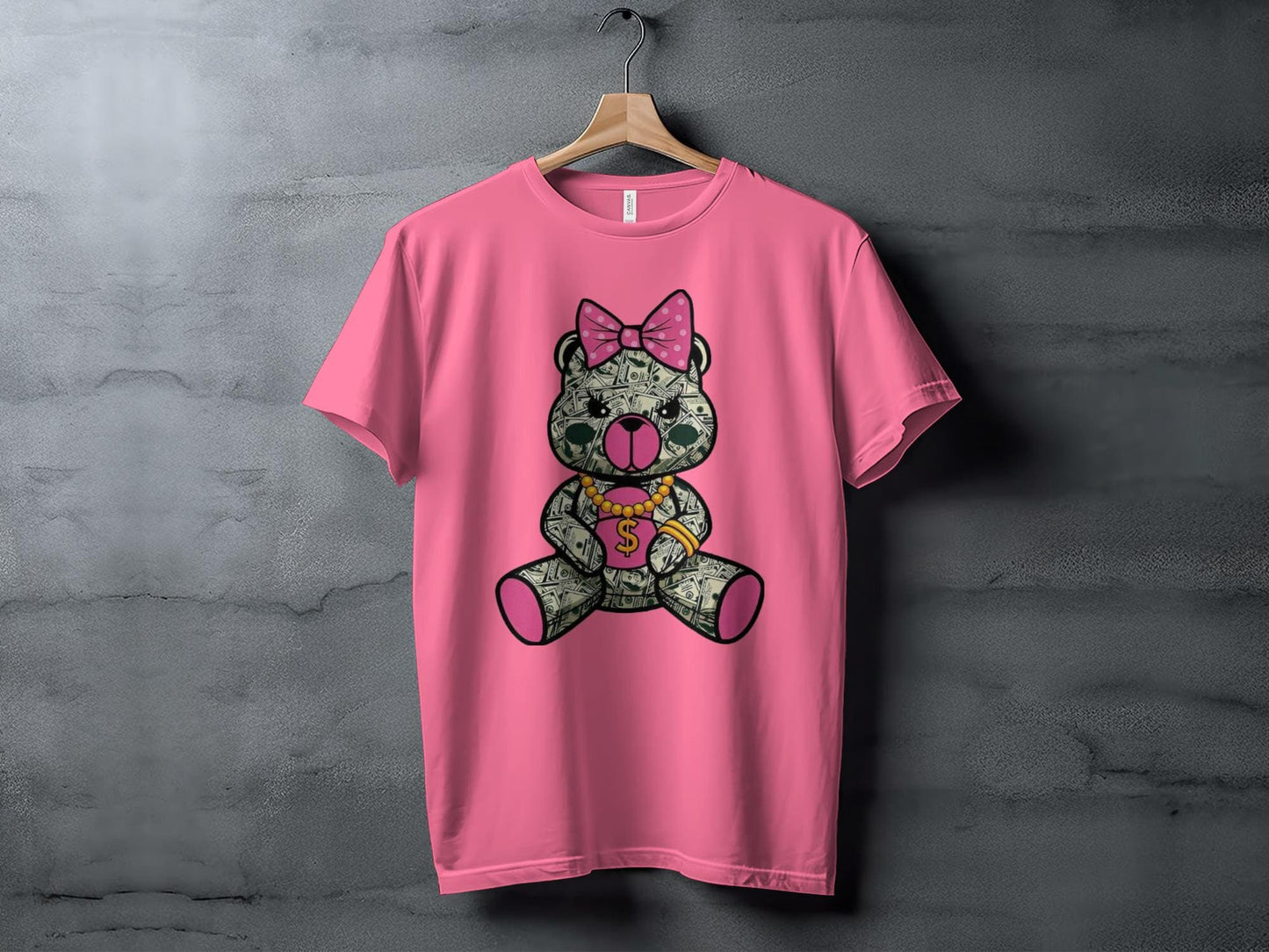 Cute Money Bear Graphic, Pink Bow Dollar Bear Design, Unique Graphic T-Shirt, Cute Bear Print Tees, Trendy Graphic Tee Gifts