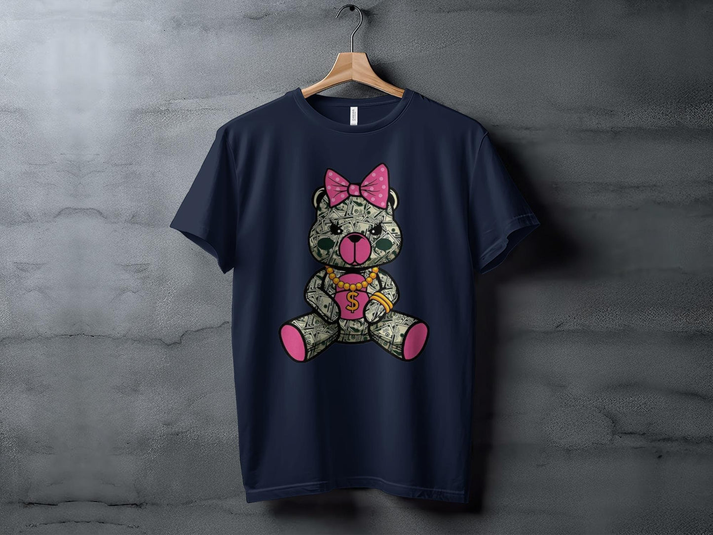 Cute Money Bear Graphic, Pink Bow Dollar Bear Design, Unique Graphic T-Shirt, Cute Bear Print Tees, Trendy Graphic Tee Gifts