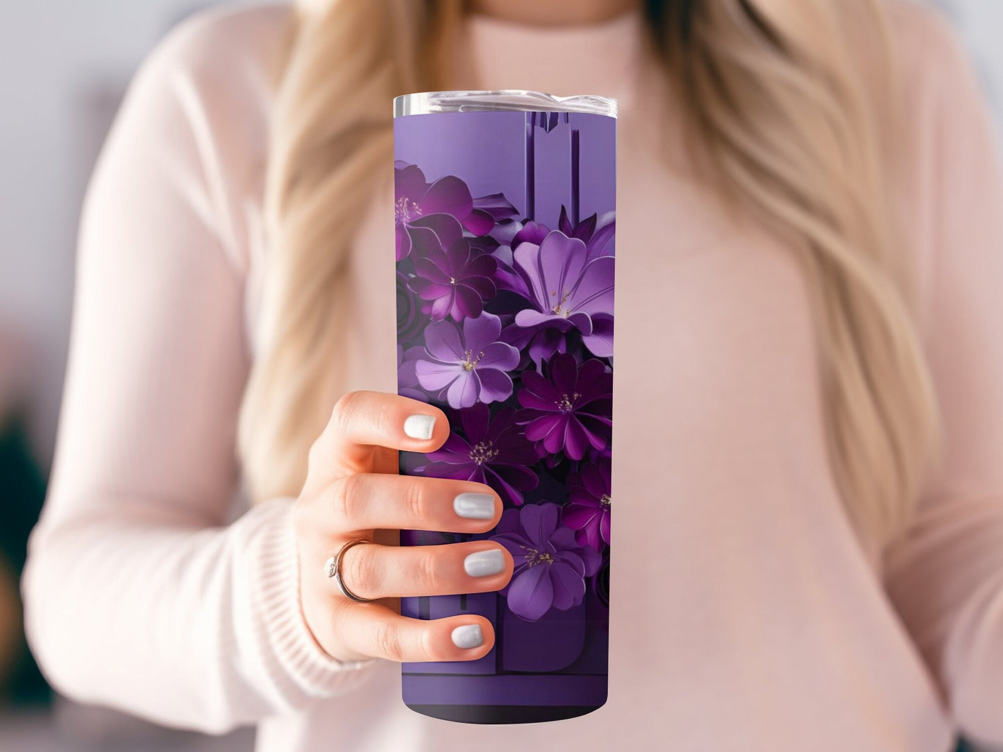 Purple Floral Design Tumbler, Elegant Flower Print Tumbler, Floral Tumbler for Drinks, Unique Insulated Gift Tumbler, Artistic Tumbler