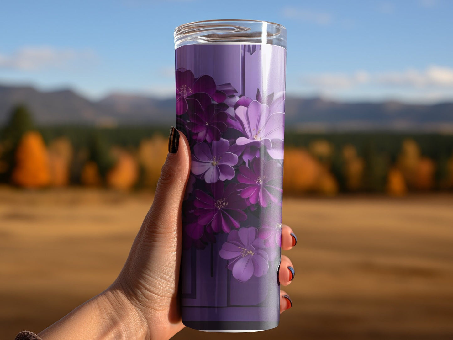 Purple Floral Design Tumbler, Elegant Flower Print Tumbler, Floral Tumbler for Drinks, Unique Insulated Gift Tumbler, Artistic Tumbler
