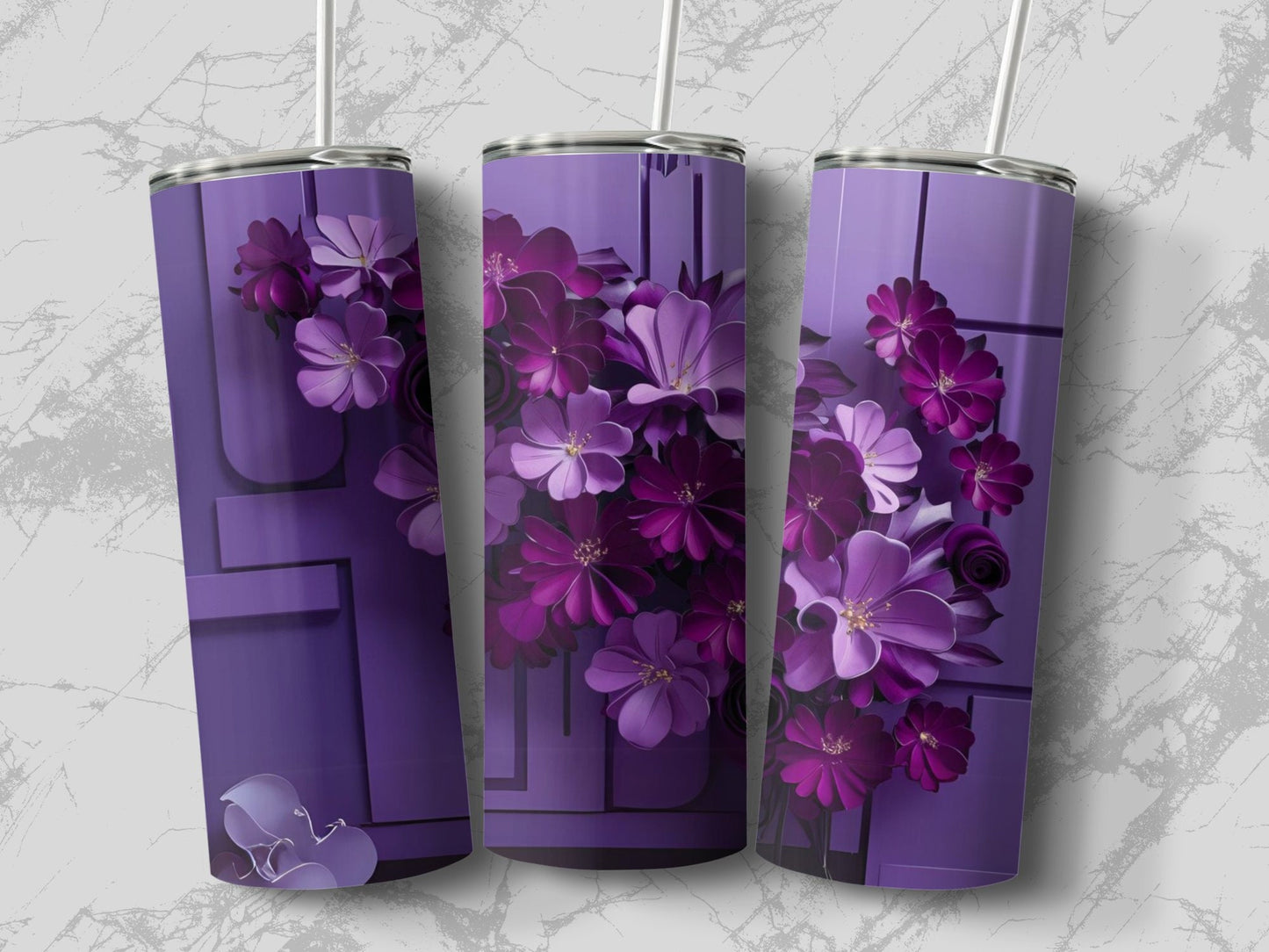Purple Floral Design Tumbler, Elegant Flower Print Tumbler, Floral Tumbler for Drinks, Unique Insulated Gift Tumbler, Artistic Tumbler