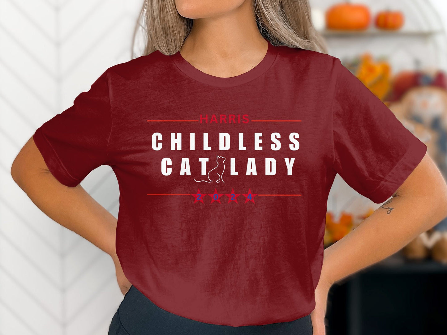 Harris Childless Cat Lady 2024 Graphic T-Shirt, Funny Political T-Shirt, Cat Lover, 2024 Election Tee, Cat Lady Gift, Vote, Gift for her