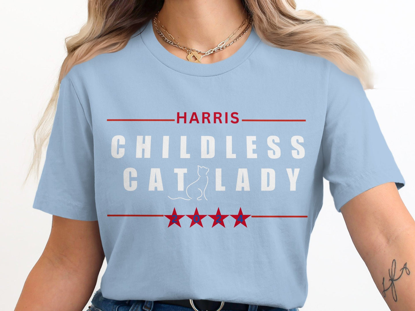 Harris Childless Cat Lady 2024 Graphic T-Shirt, Funny Political T-Shirt, Cat Lover, 2024 Election Tee, Cat Lady Gift, Vote, Gift for her