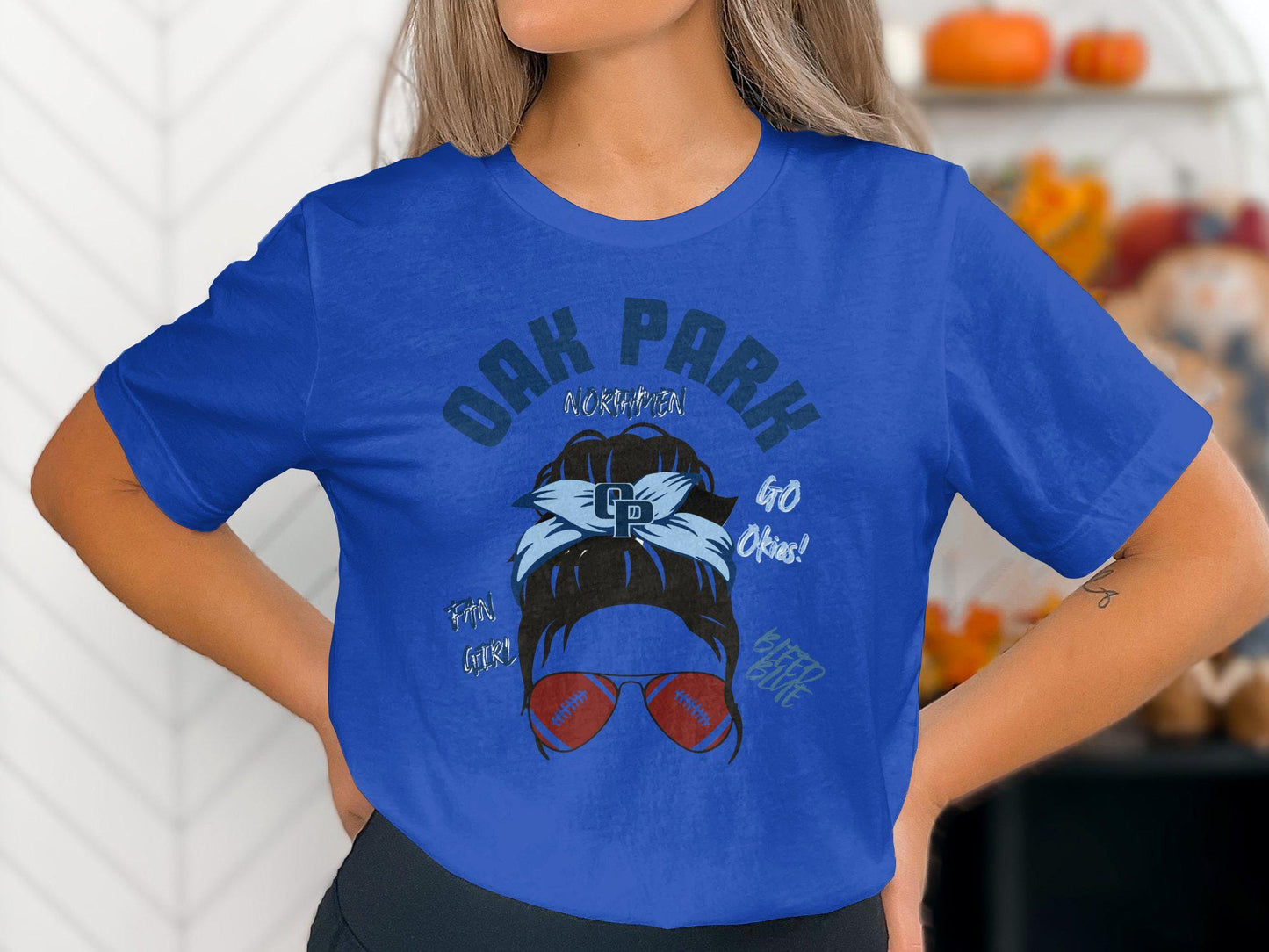 Oak Park Football Fan Tee, GO Okies Bleed Blue Shirt, CP Headband Sunglasses Graphic, Sports Team Supporter T-Shirt, Fan Girl Apparel