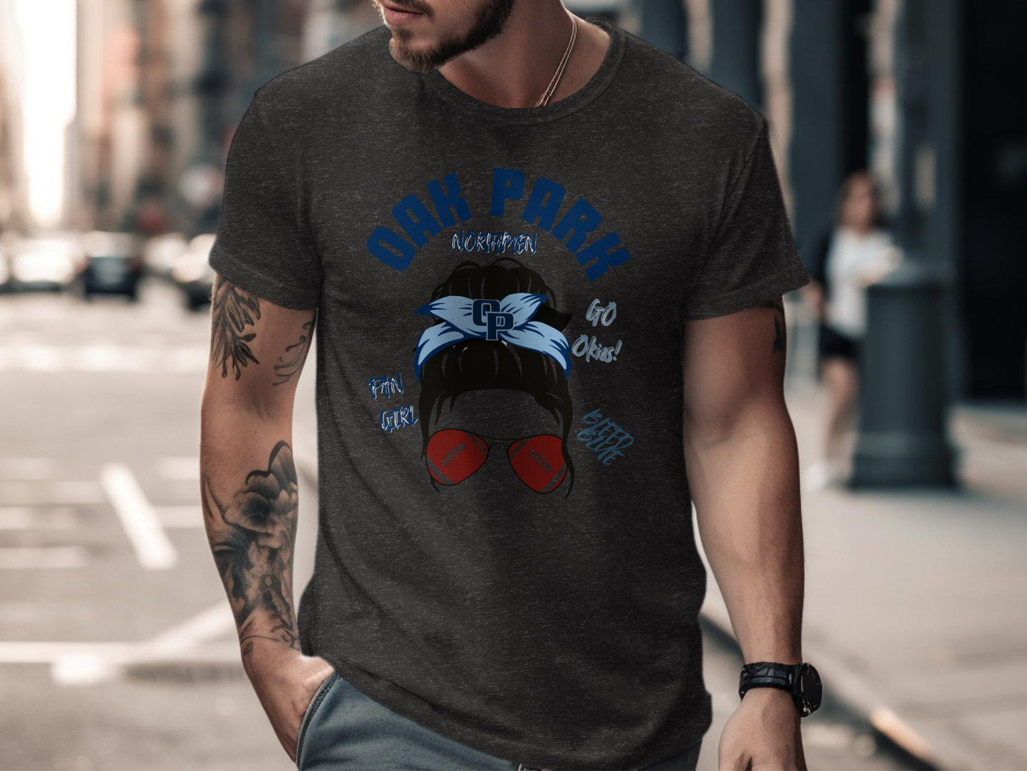 Oak Park Football Fan Tee, GO Okies Bleed Blue Shirt, CP Headband Sunglasses Graphic, Sports Team Supporter T-Shirt, Fan Girl Apparel