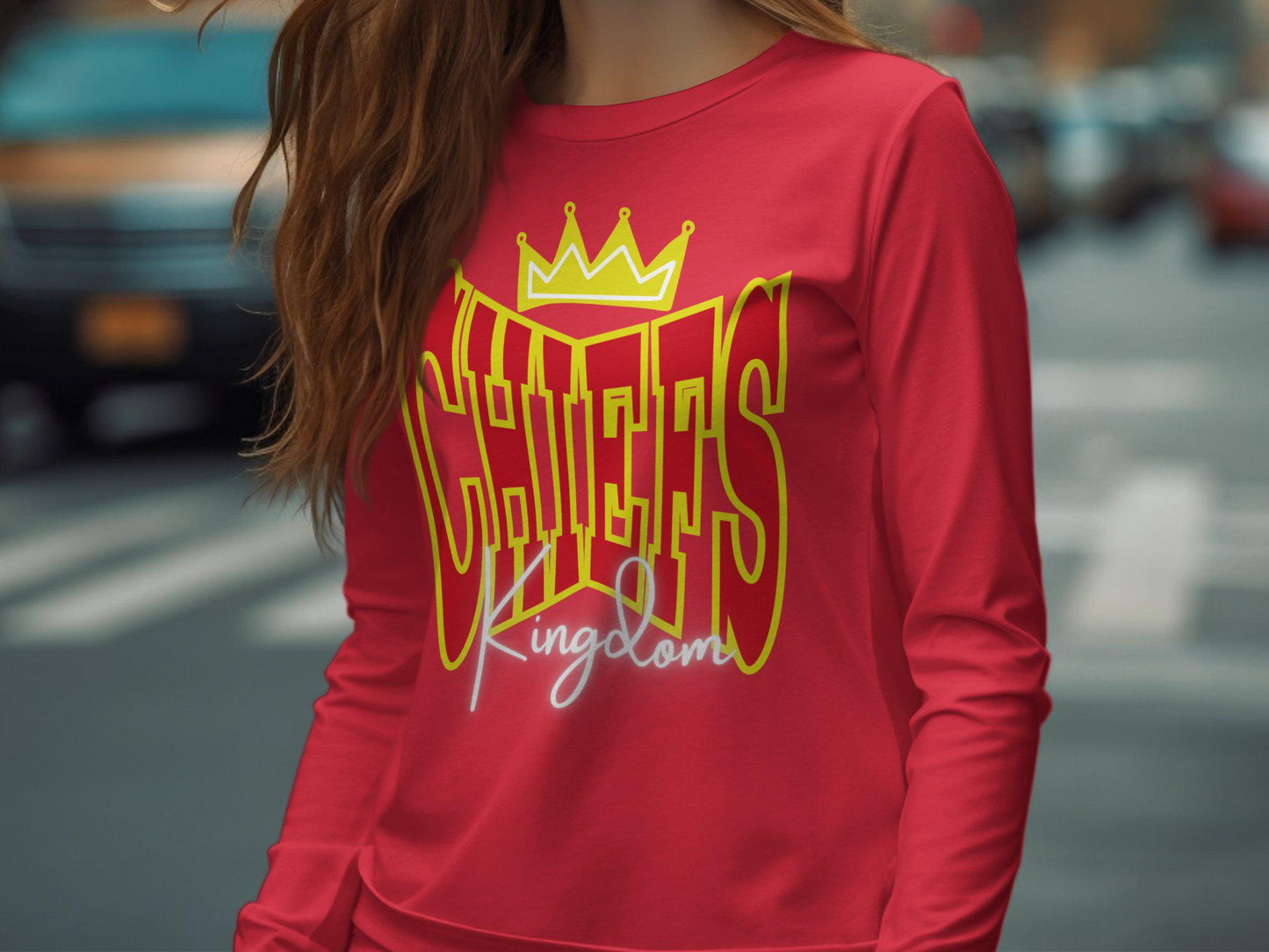 Chiefs Kingdom T-Shirt, Bold Graphic Print Tee, Novelty Shirt, Red and Yellow Crown Design, Statement Sportswear Top