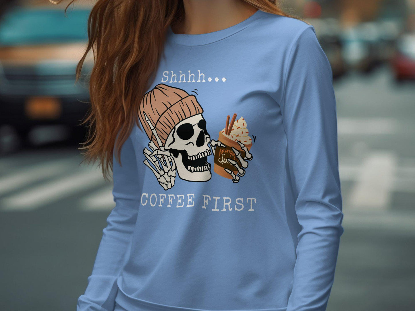Funny Skeleton Drinking Pumpkin Spice Latte T-Shirt, Halloween Graphic Tee for Coffee Lovers, Fall Season Unisex Shirt, Cute Skeleton
