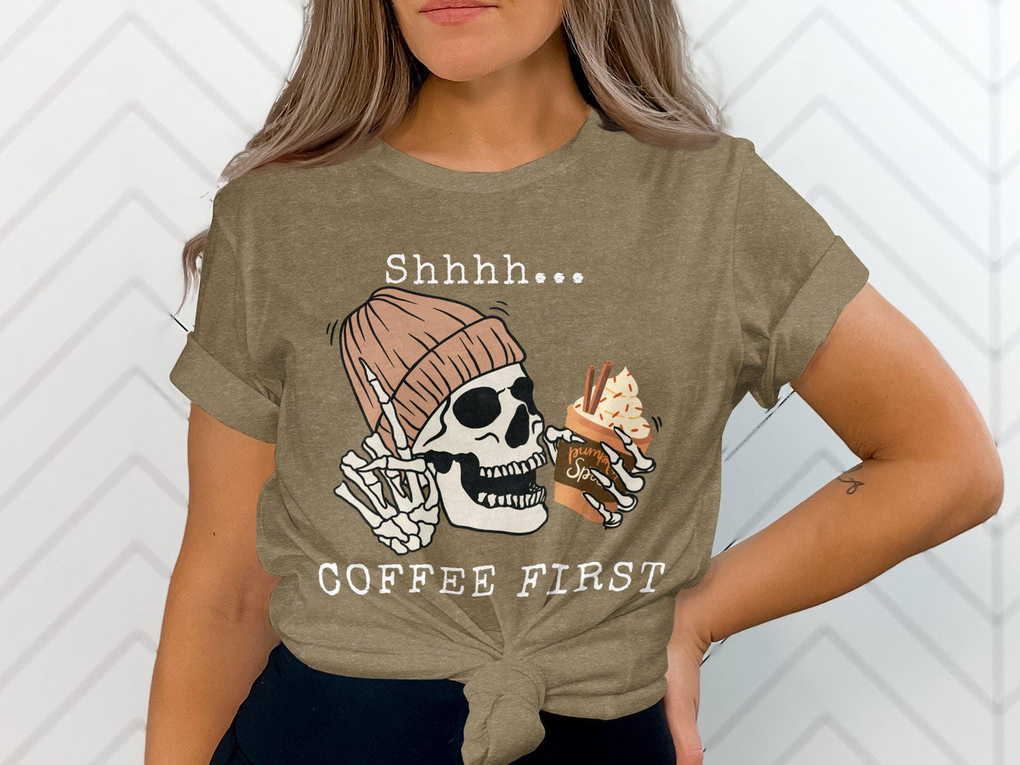 Funny Skeleton Drinking Pumpkin Spice Latte T-Shirt, Halloween Graphic Tee for Coffee Lovers, Fall Season Unisex Shirt, Cute Skeleton