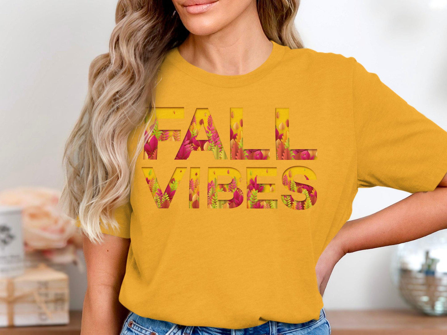 Fall Vibes T-Shirt Autumn Graphic Tees Colorful Autumn Leaves Printed Shirt Seasonal Fall Theme Shirt Fall Fashion Outfit