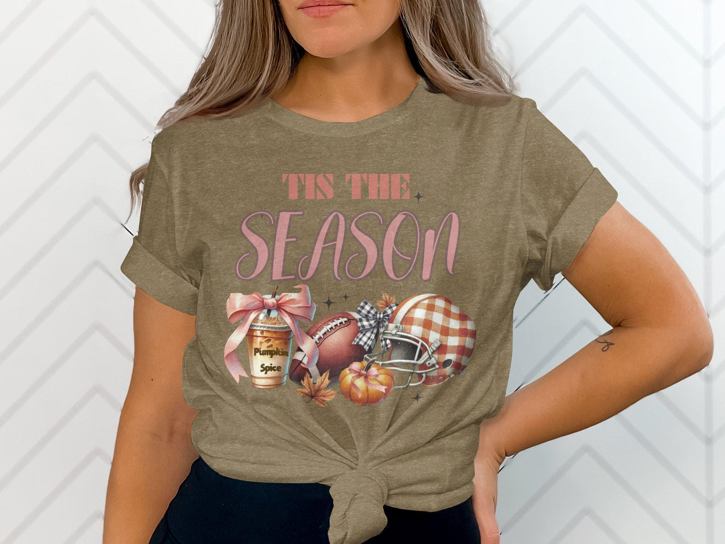Cute Fall Football and Pumpkin Spice Tis The Season Graphic Tee, Cozy Autumn Shirt, Trendy Fall Tee, Perfect For Fall Lovers