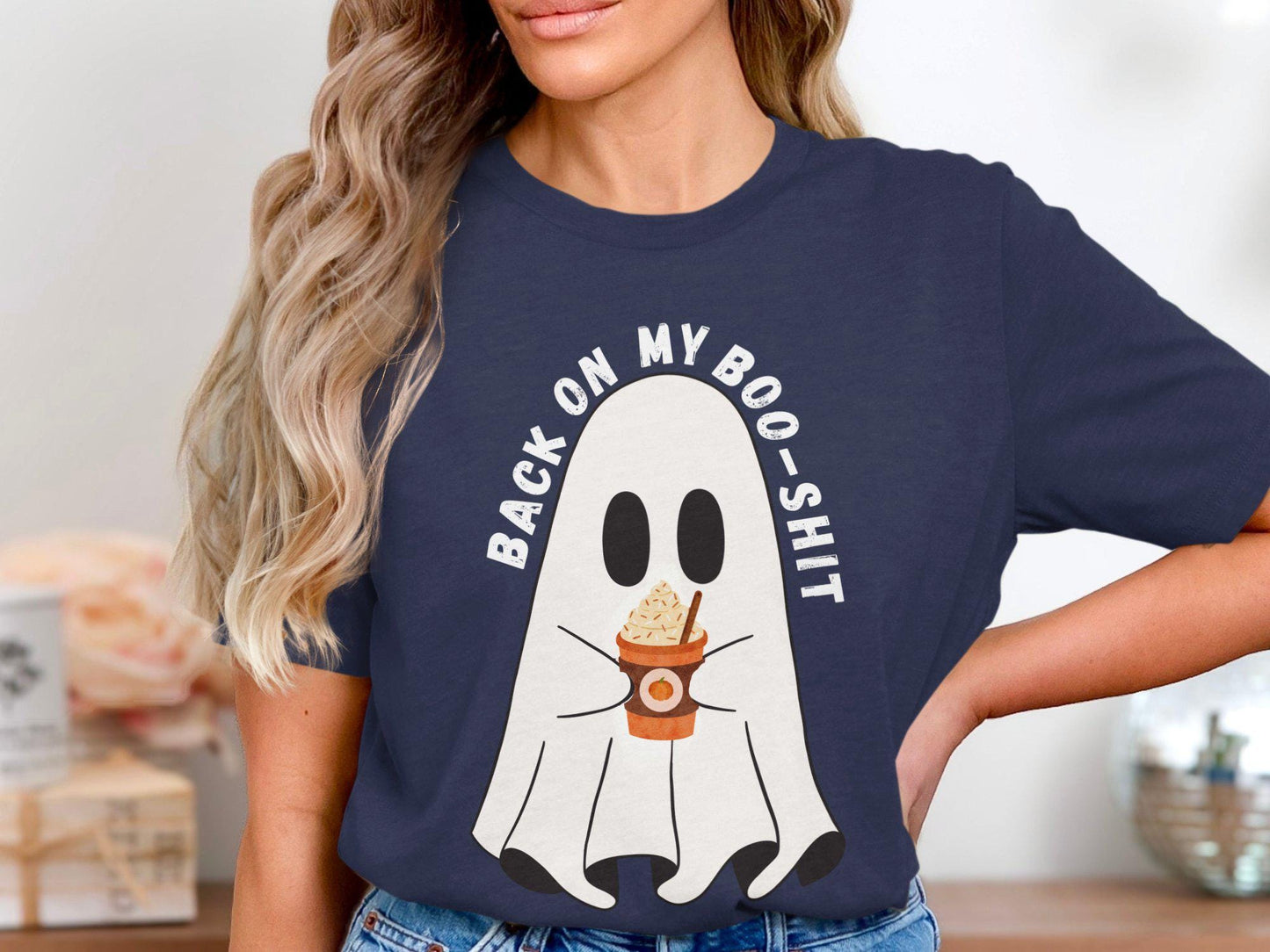 Ghost Drinking Coffee Funny Halloween Shirt, Ghost Back On My Boo Shit T-Shirt, Cute Spooky Graphic Tee, Halloween Party Shirt