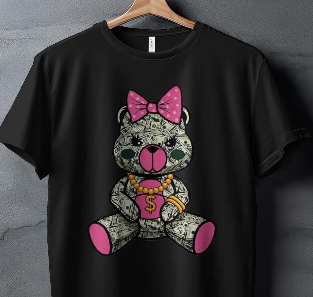 Cute Money Bear Graphic, Pink Bow Dollar Bear Design, Unique Graphic T-Shirt, Cute Bear Print Tees, Trendy Graphic Tee Gifts