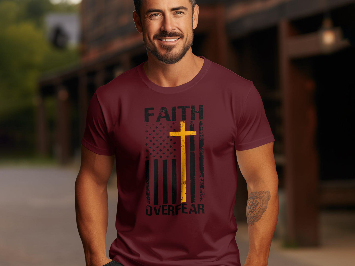Faith Over Fear Cross American Flag Distressed Design T-Shirt, Christian Inspirational Graphic Tee, Religious Patriotic Shirt, Gift for her