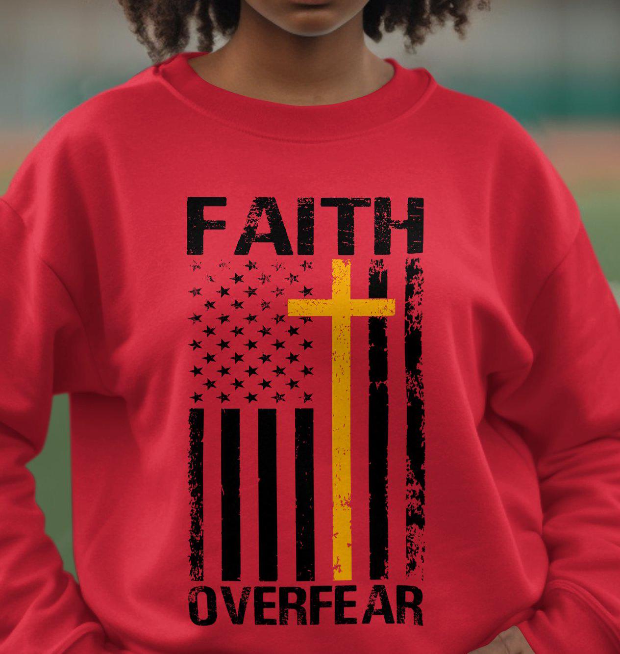 Faith Over Fear Cross American Flag Distressed Design T-Shirt, Christian Inspirational Graphic Tee, Religious Patriotic Shirt, Gift for her