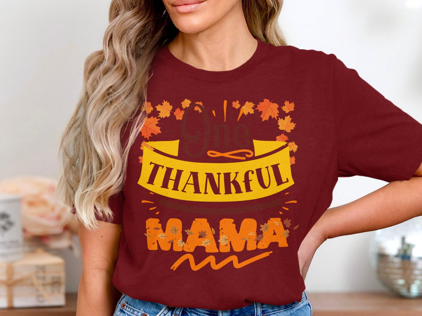 One Thankful Mama T-Shirt, Autumn Fall Leaves Graphic Tee, Thanksgiving Family Shirt, Gift for Mom, Fall Season Apparel