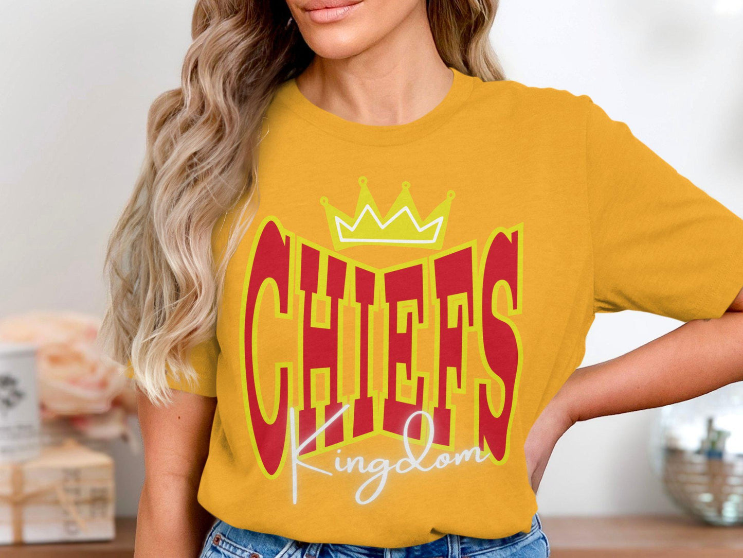 Chiefs Kingdom T-Shirt, Bold Graphic Print Tee, Novelty Shirt, Red and Yellow Crown Design, Statement Sportswear Top