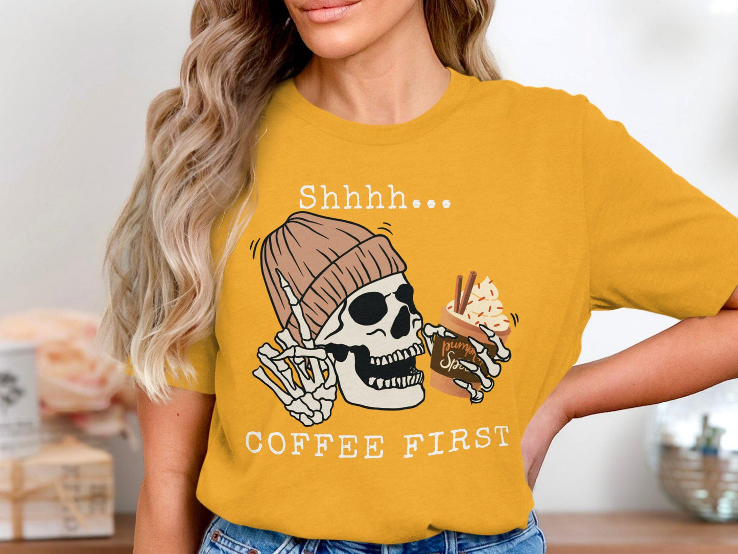Funny Skeleton Drinking Pumpkin Spice Latte T-Shirt, Halloween Graphic Tee for Coffee Lovers, Fall Season Unisex Shirt, Cute Skeleton