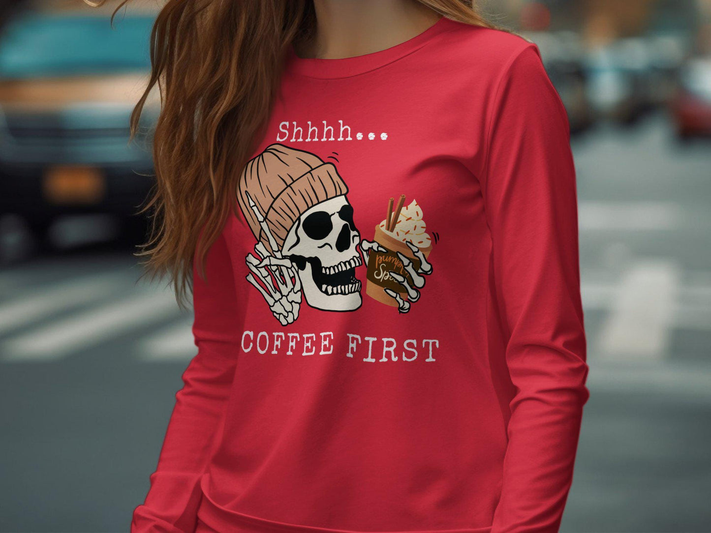 Funny Skeleton Drinking Pumpkin Spice Latte T-Shirt, Halloween Graphic Tee for Coffee Lovers, Fall Season Unisex Shirt, Cute Skeleton