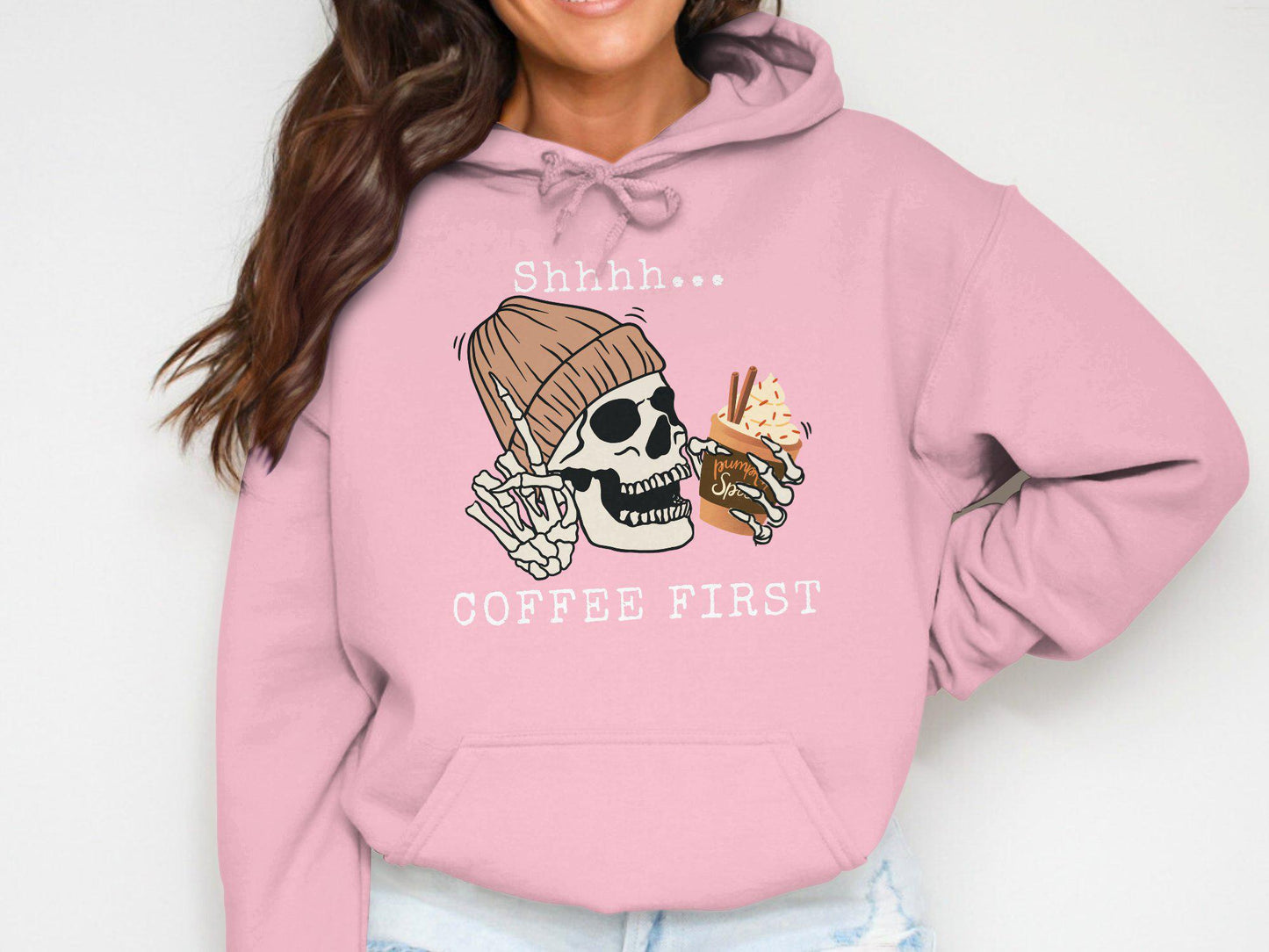 Funny Skeleton Drinking Pumpkin Spice Latte T-Shirt, Halloween Graphic Tee for Coffee Lovers, Fall Season Unisex Shirt, Cute Skeleton