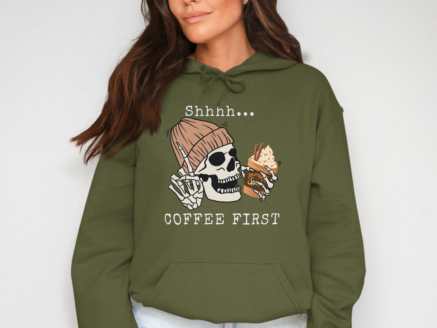Funny Skeleton Drinking Pumpkin Spice Latte T-Shirt, Halloween Graphic Tee for Coffee Lovers, Fall Season Unisex Shirt, Cute Skeleton