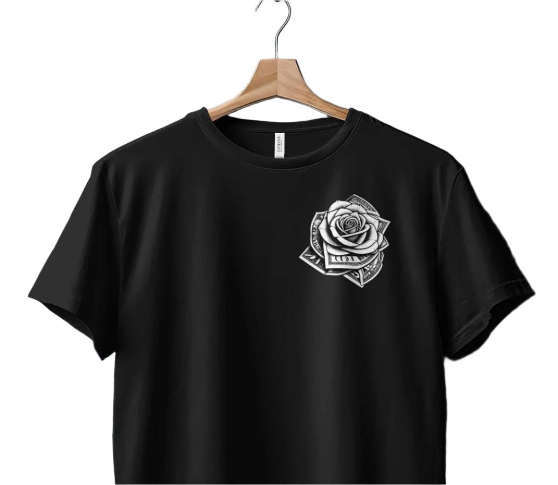 Unique Money Rose Graphic T-Shirt, Trendy Black Tee, Fashion Statement Shirt, Artistic Floral Design Top, Casual Streetwear Tee