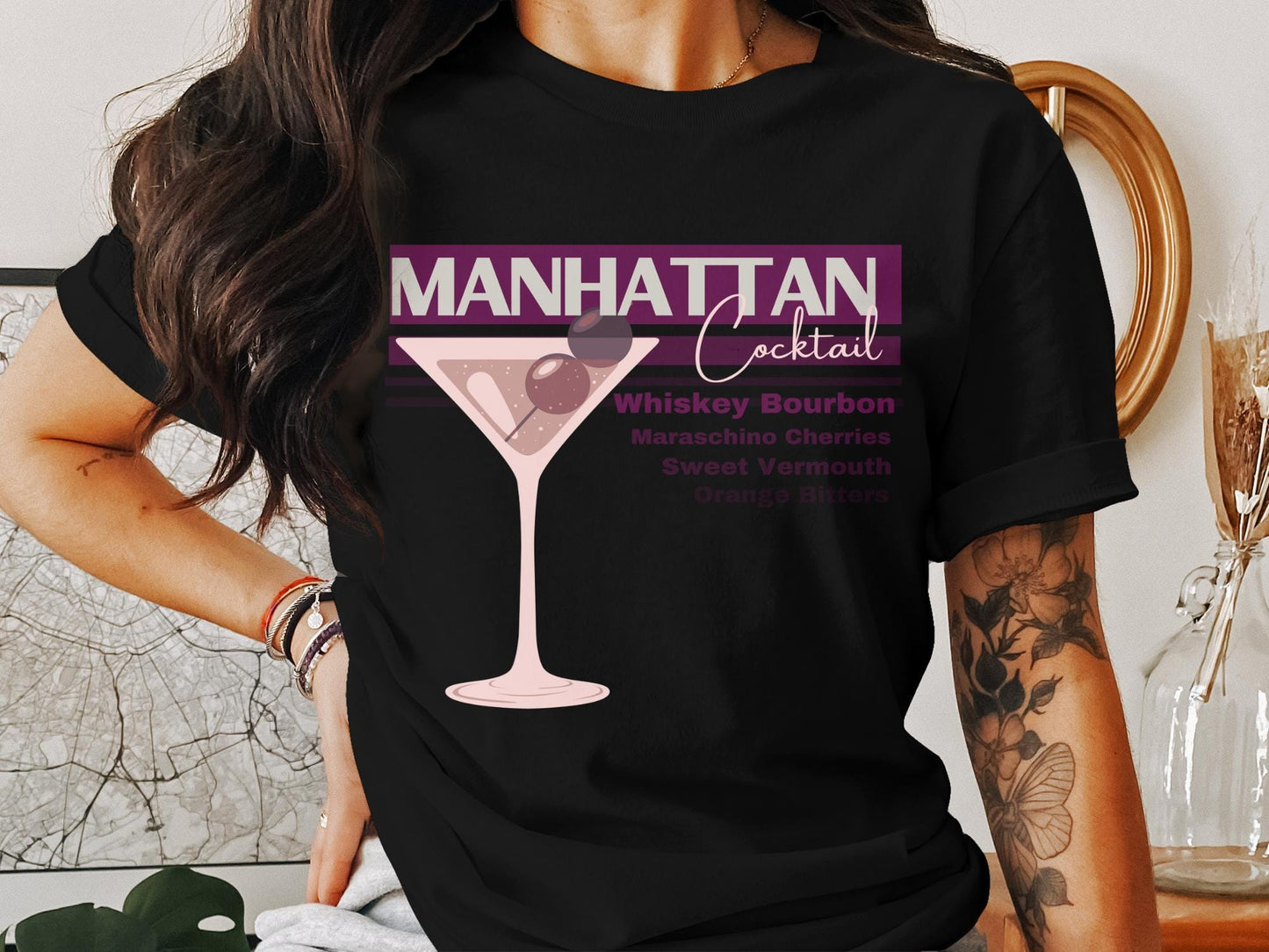 Manhattan Cocktail T-Shirt, Whiskey Bourbon Tshirt, Retro Drink Tee, Maraschino Cherries Shirt, Sweet Vermouth Top, Party Apparel