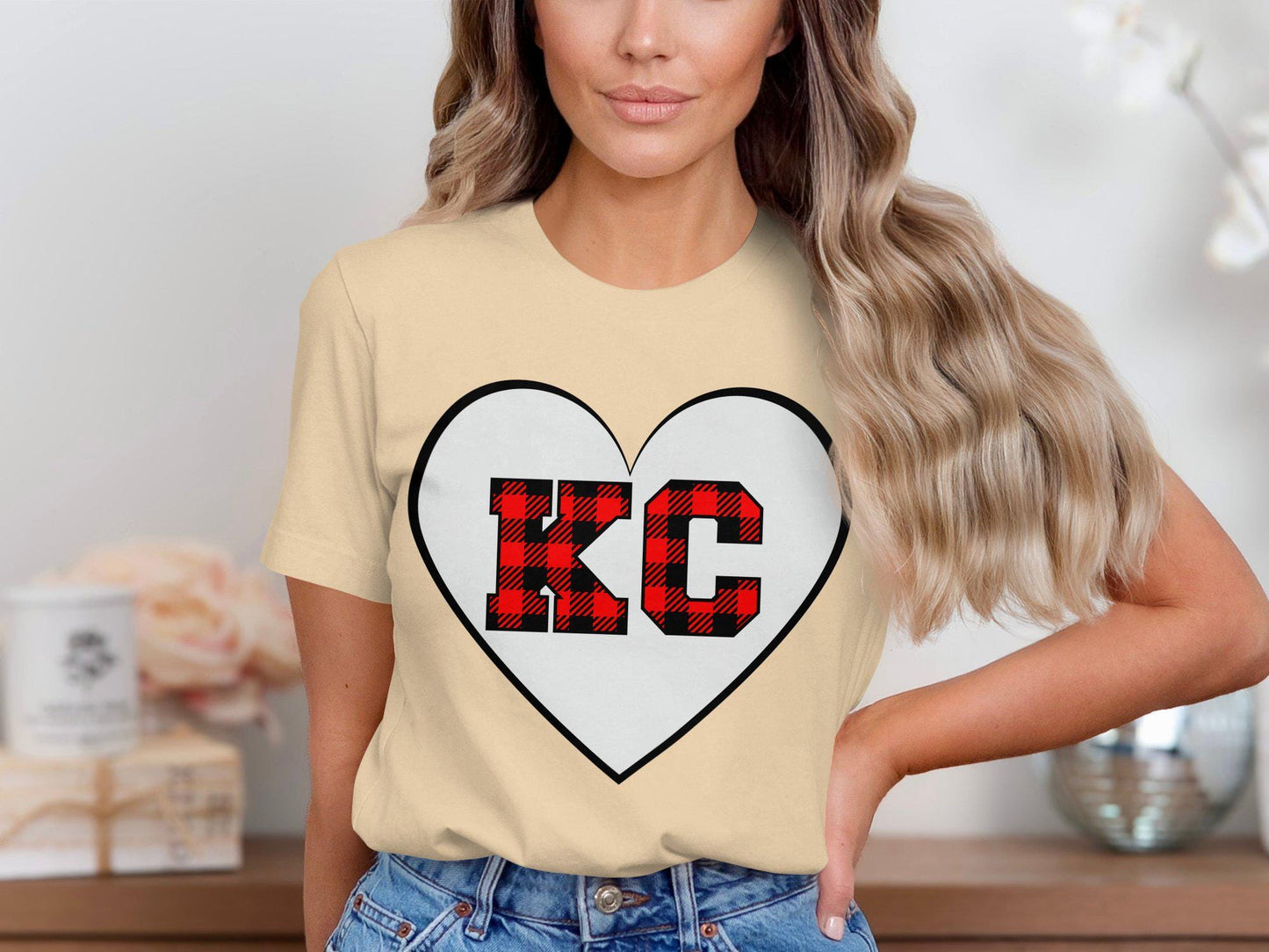 KC plaid heart design tee, Red black buffalo plaid KC heart shirt, Perfect KC fans gift, Cozy t-shirt, Unique fan apparel