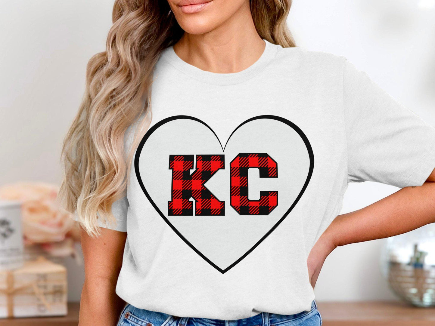 KC plaid heart design tee, Red black buffalo plaid KC heart shirt, Perfect KC fans gift, Cozy t-shirt, Unique fan apparel