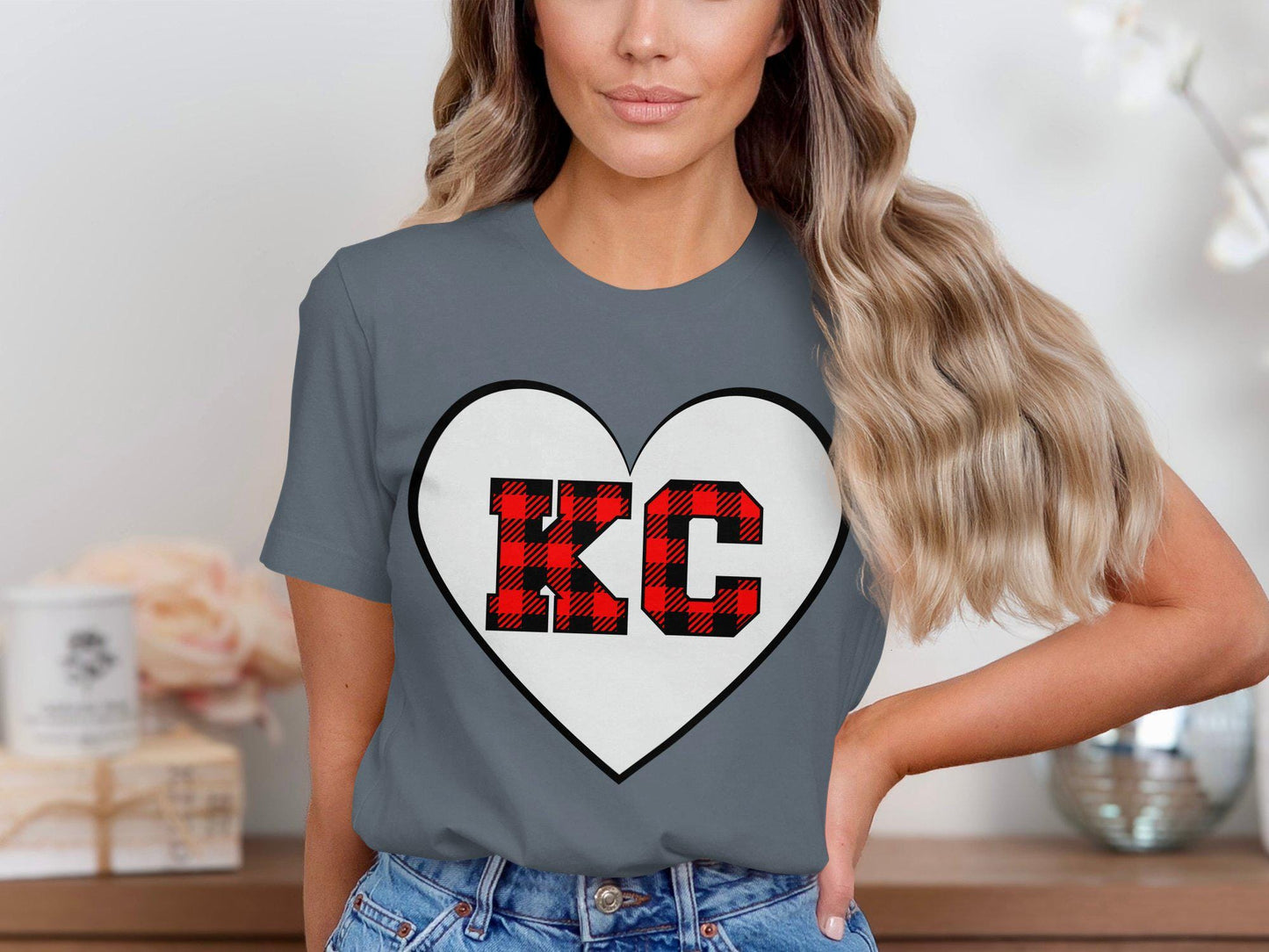 KC plaid heart design tee, Red black buffalo plaid KC heart shirt, Perfect KC fans gift, Cozy t-shirt, Unique fan apparel