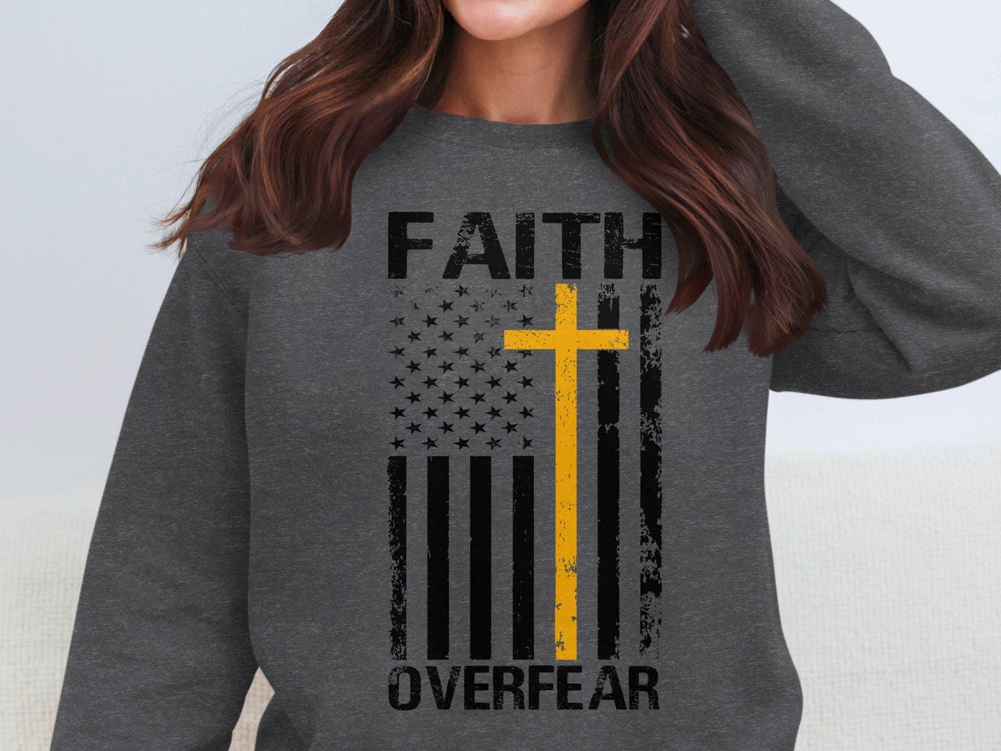 Faith Over Fear Cross American Flag Distressed Design T-Shirt, Christian Inspirational Graphic Tee, Religious Patriotic Shirt, Gift for her