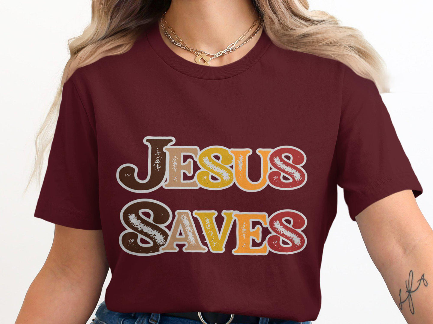 Inspirational Religious T-Shirt Jesus Saves Graphic Tee Faith-Based Christian Message Shirt Positive Spiritual Apparel