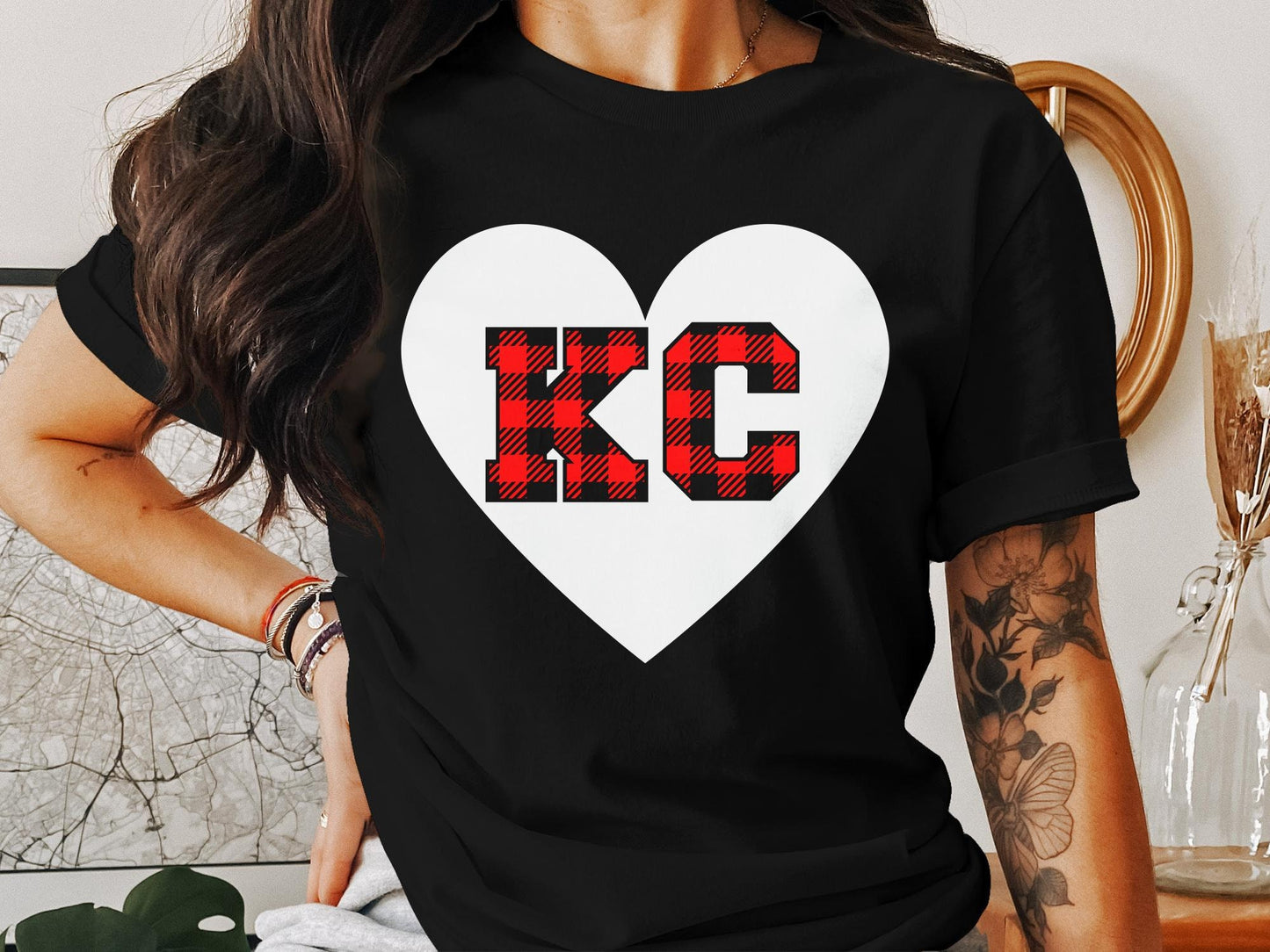 KC plaid heart design tee, Red black buffalo plaid KC heart shirt, Perfect KC fans gift, Cozy t-shirt, Unique fan apparel